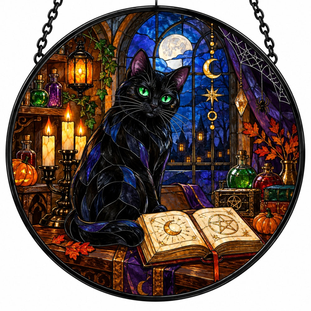 Candlelight Magic Book Black Cat Halloween stained glass suncatcher window hanging, suitable for home and garden decoration