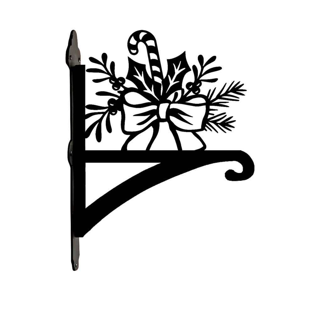 Candy cane and holly metal hanging basket bracket mounted on outdoor wall for plant decoration