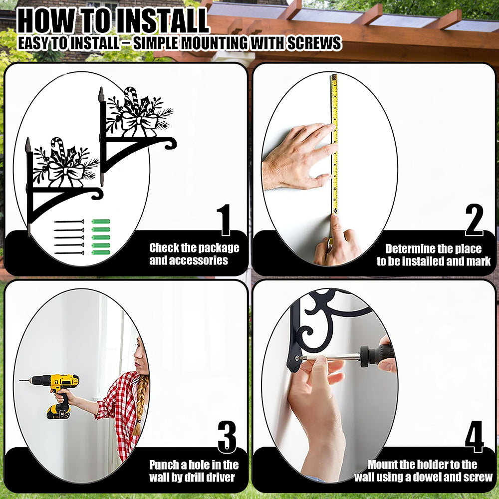 Candy cane and holly metal hanging basket bracket mounted on outdoor wall for plant decoration