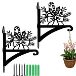 Candy cane and holly metal hanging basket bracket mounted on outdoor wall for plant decoration