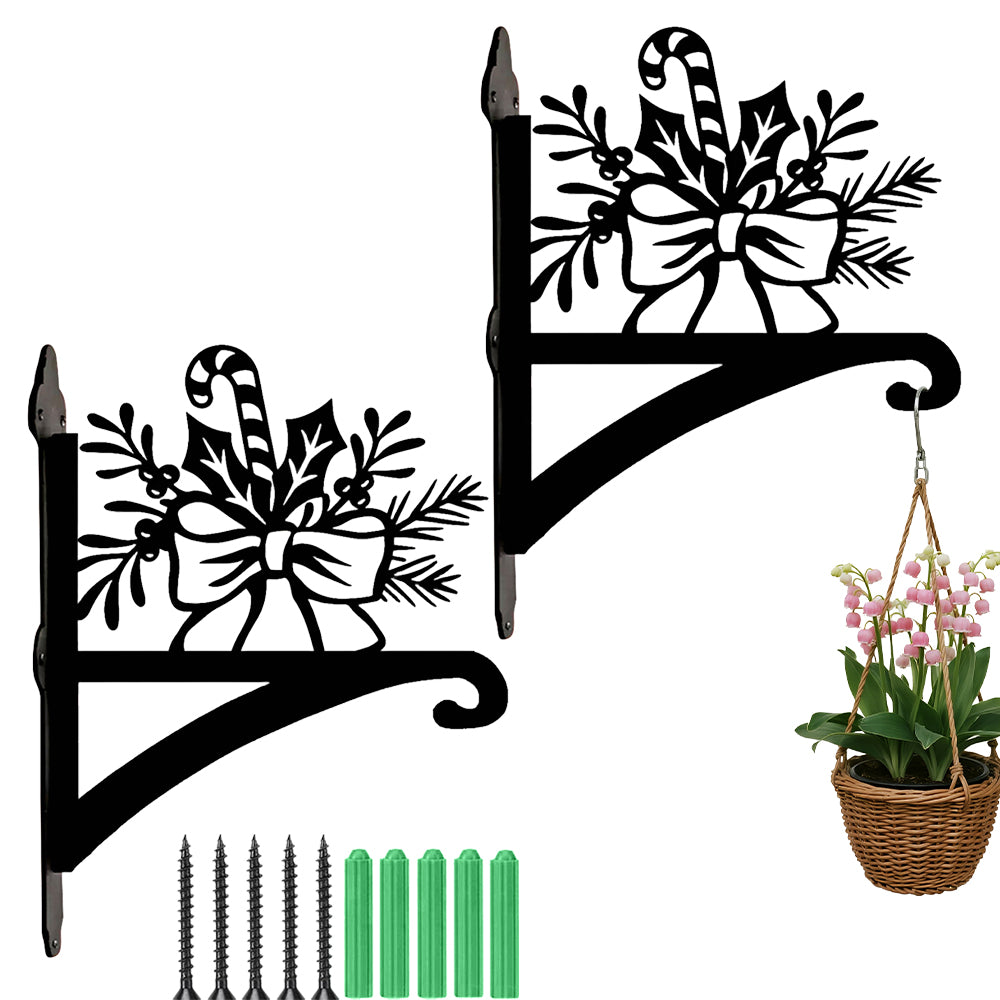 Candy cane and holly metal hanging basket bracket mounted on outdoor wall for plant decoration