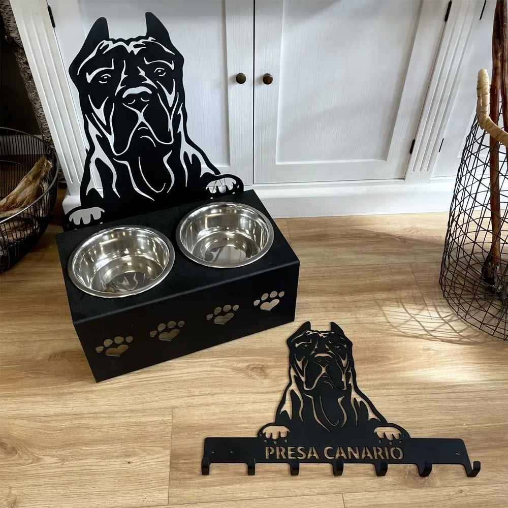 Personalized cane corso metal dog bowl stand with custom name cutout and two removable feeding bowls