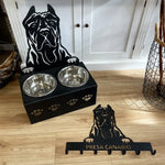 Personalized cane corso metal dog bowl stand with custom name cutout and two removable feeding bowls