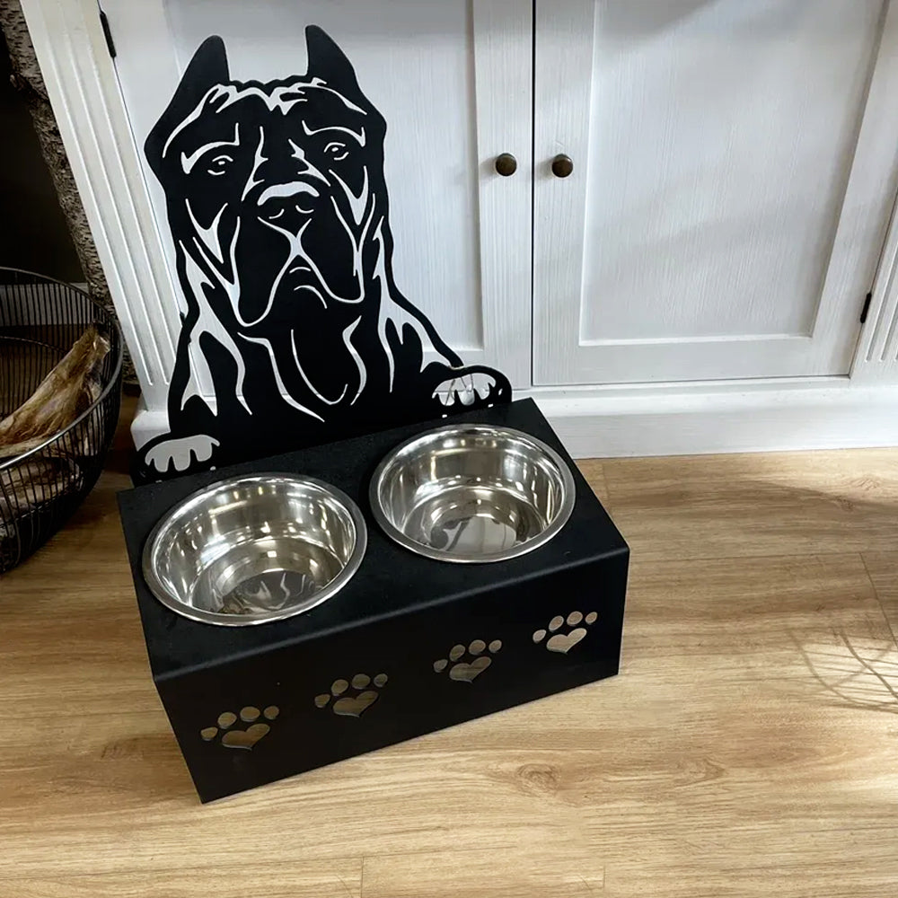Personalized cane corso metal dog bowl stand with custom name cutout and two removable feeding bowls