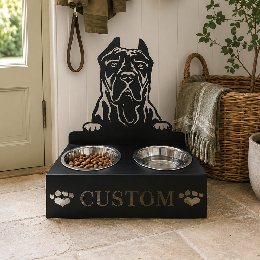 Personalized cane corso metal dog bowl stand with custom name cutout and two removable feeding bowls