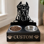 Personalized cane corso metal dog bowl stand with custom name cutout and two removable feeding bowls