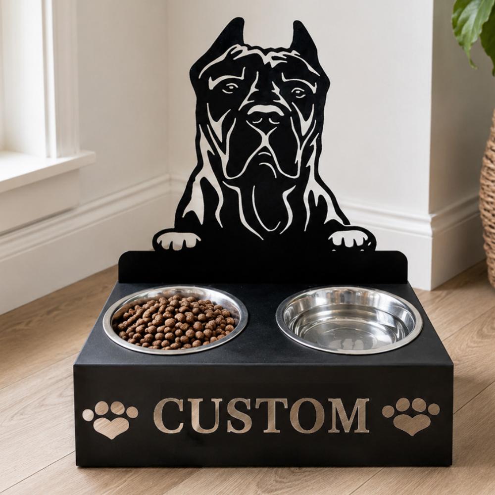 Personalized cane corso metal dog bowl stand with custom name cutout and two removable feeding bowls