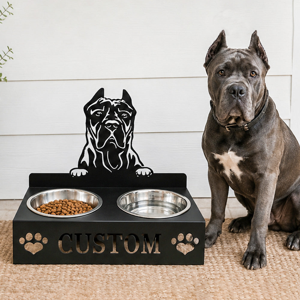 Personalized cane corso metal dog bowl stand with custom name cutout and two removable feeding bowls