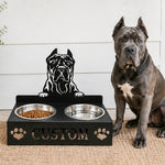 Personalized cane corso metal dog bowl stand with custom name cutout and two removable feeding bowls