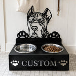 Personalized cane corso metal dog bowl stand with custom name cutout and two removable feeding bowls