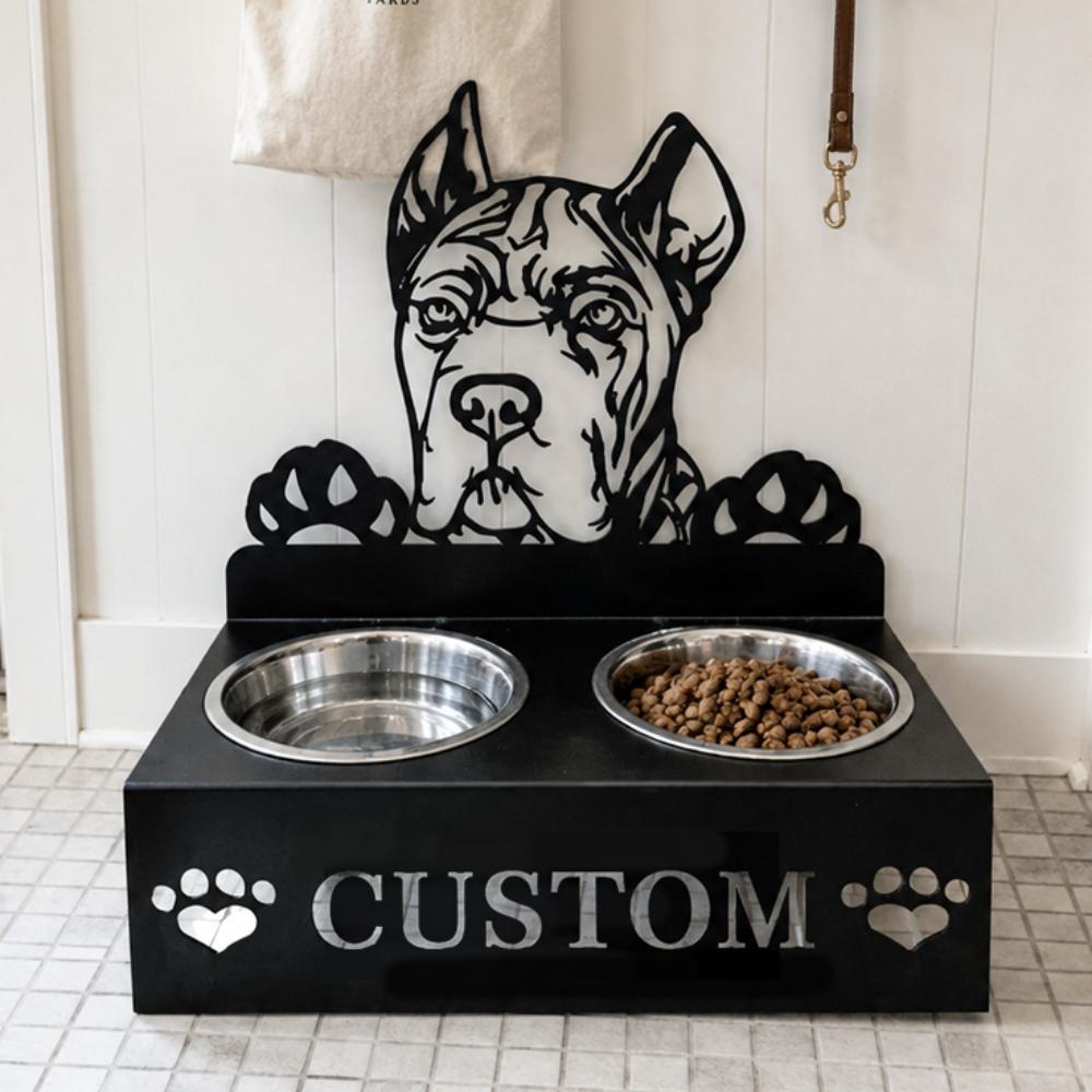 Personalized cane corso metal dog bowl stand with custom name cutout and two removable feeding bowls
