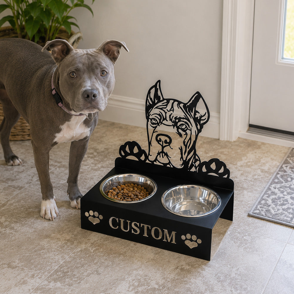 Personalized cane corso metal dog bowl stand with custom name cutout and two removable feeding bowls