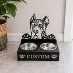 Personalized cane corso metal dog bowl stand with custom name cutout and two removable feeding bowls
