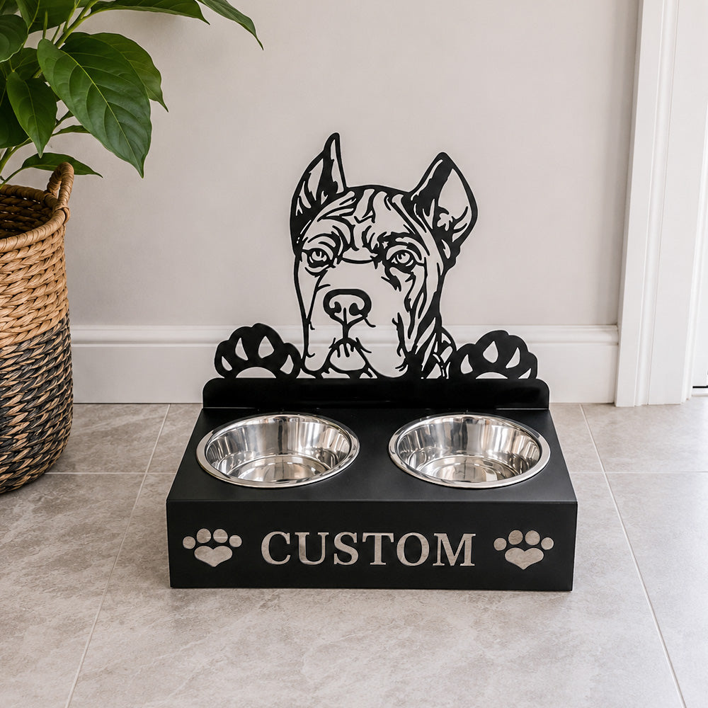 Personalized cane corso metal dog bowl stand with custom name cutout and two removable feeding bowls