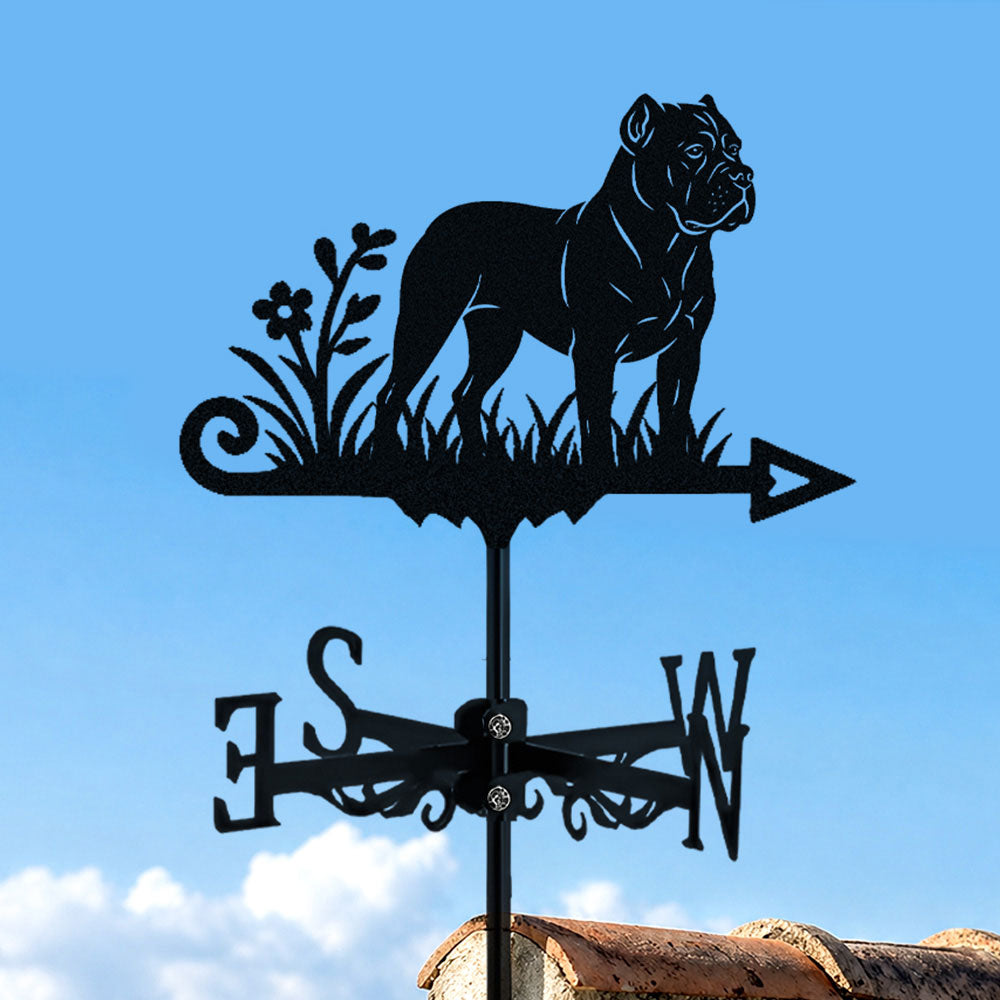 Cane Corso metal weather vane with directional arrows and mounting rod, outdoor roof and garden decoration