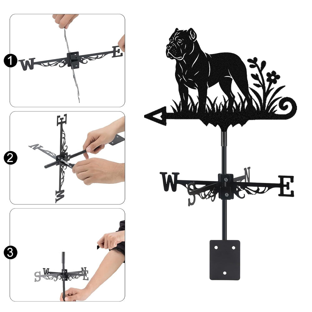 Cane Corso metal weather vane with directional arrows and mounting rod, outdoor roof and garden decoration