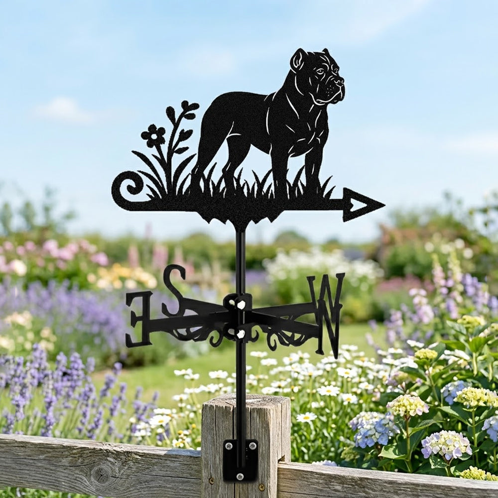 Cane Corso metal weather vane with directional arrows and mounting rod, outdoor roof and garden decoration