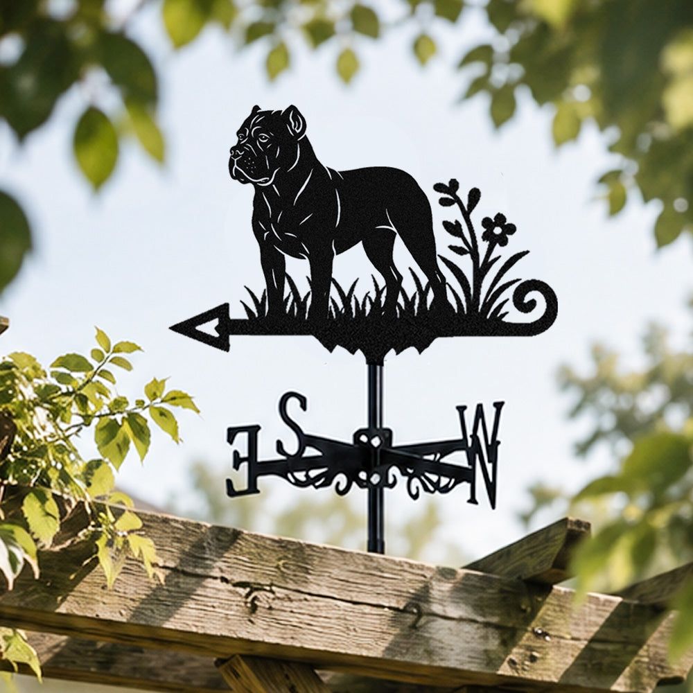 Cane Corso metal weather vane with directional arrows and mounting rod, outdoor roof and garden decoration