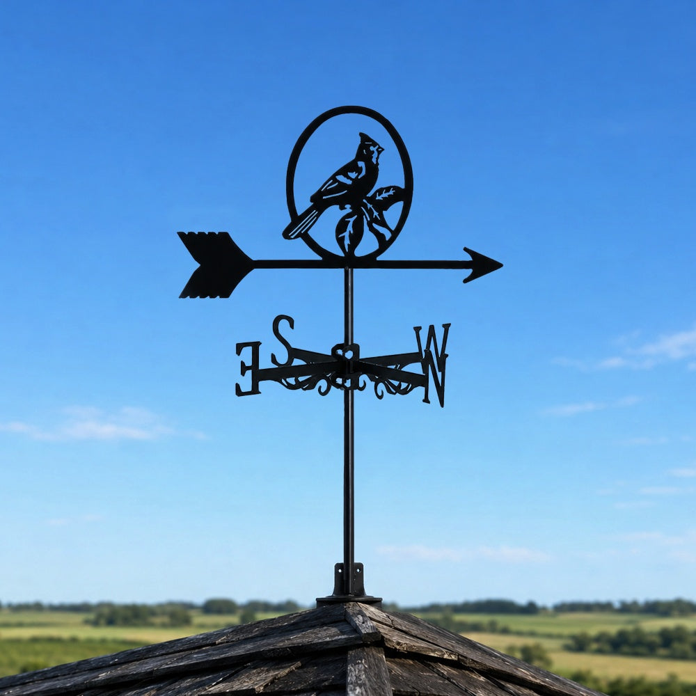 Cardinal on branch metal weather vane with directional arrows and mounting rod, outdoor roof and garden decoration