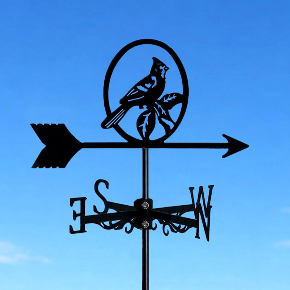Cardinal on branch metal weather vane with directional arrows and mounting rod, outdoor roof and garden decoration