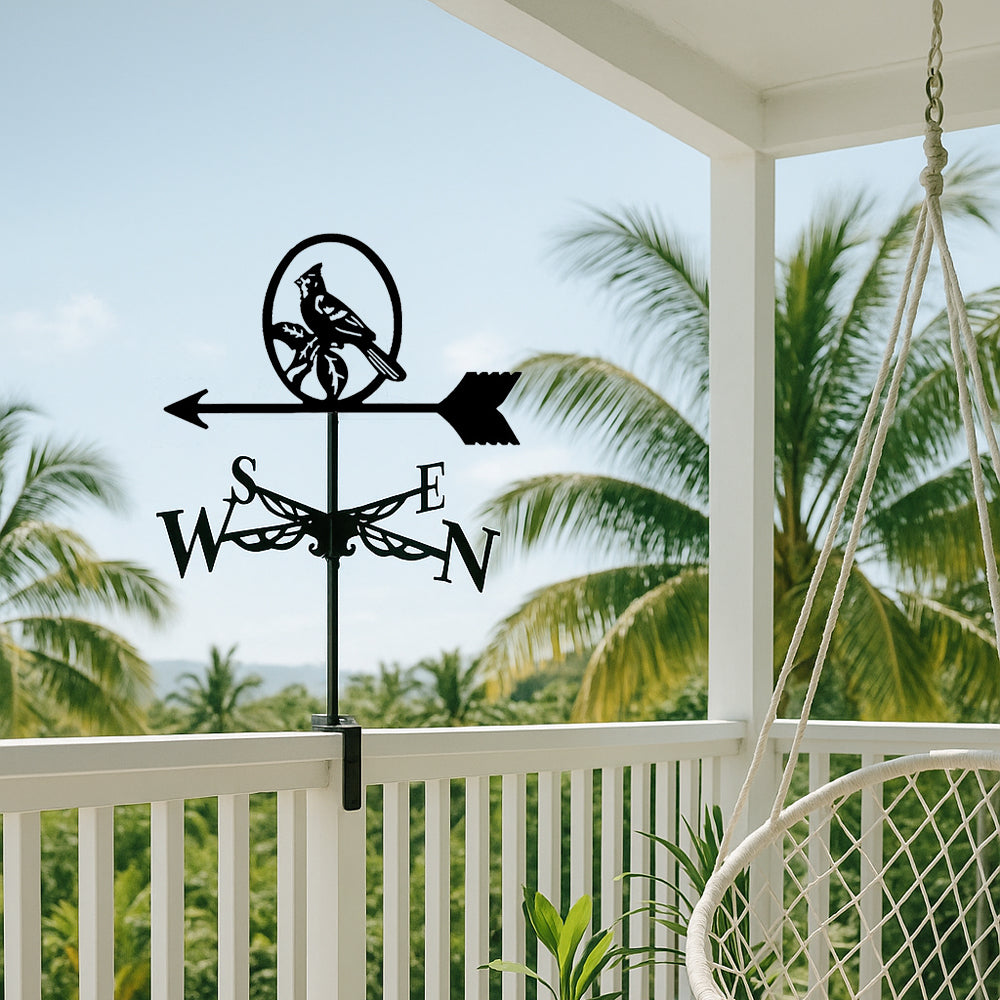 Cardinal on branch metal weather vane with directional arrows and mounting rod, outdoor roof and garden decoration
