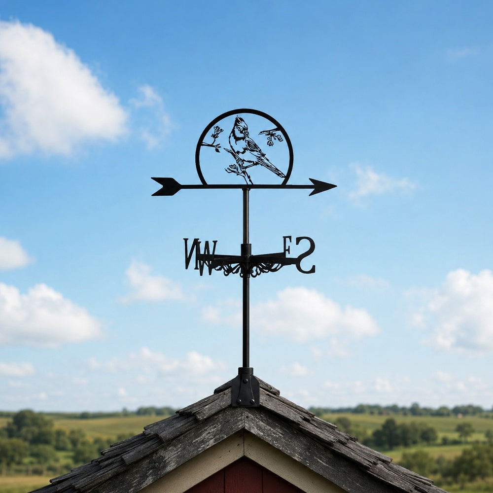 Cardinal on branch metal weather vane with directional arrows and mounting rod, outdoor roof and garden decoration