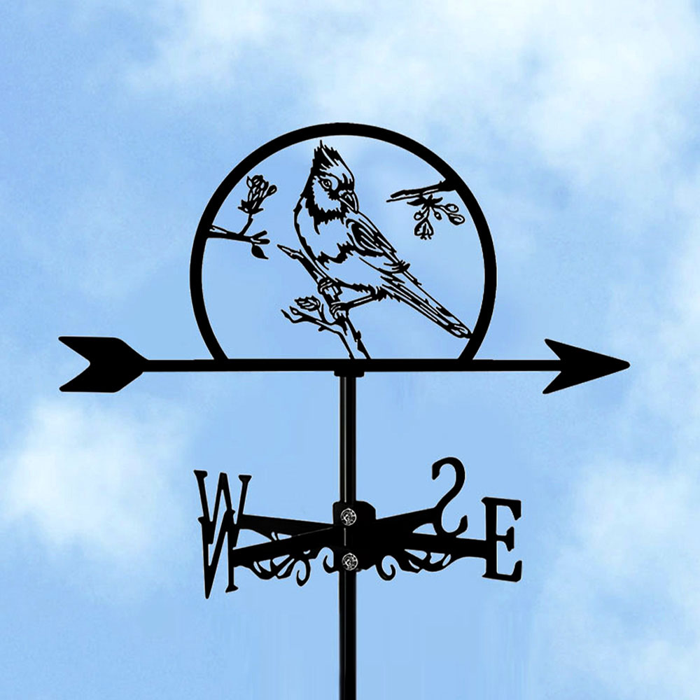 Cardinal on branch metal weather vane with directional arrows and mounting rod, outdoor roof and garden decoration
