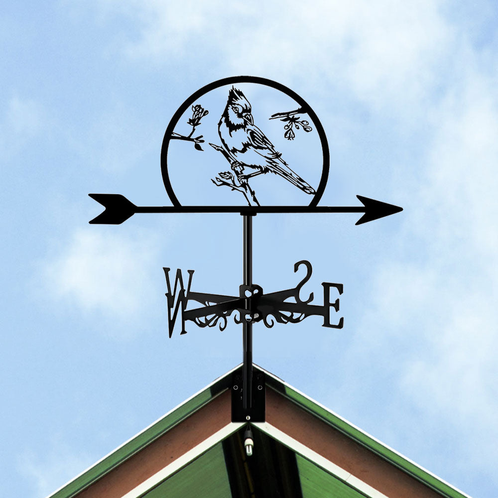 Cardinal on branch metal weather vane with directional arrows and mounting rod, outdoor roof and garden decoration
