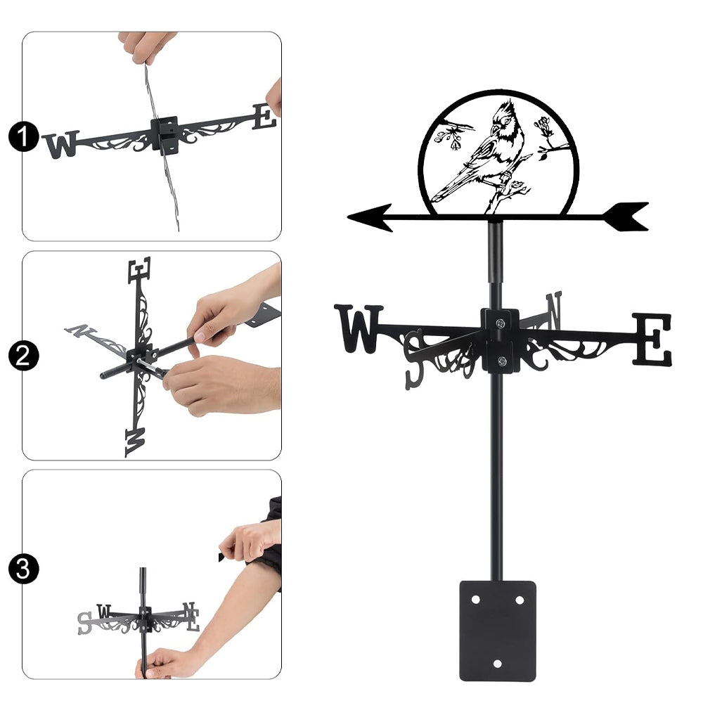 Cardinal on branch metal weather vane with directional arrows and mounting rod, outdoor roof and garden decoration