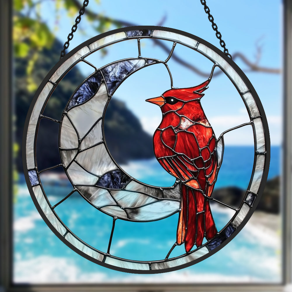 Cardinal on crescent moon stained glass suncatcher window hanging, suitable for home and garden decoration