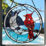 Cardinal on crescent moon stained glass suncatcher window hanging, suitable for home and garden decoration