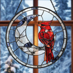 Cardinal on crescent moon stained glass suncatcher window hanging, suitable for home and garden decoration