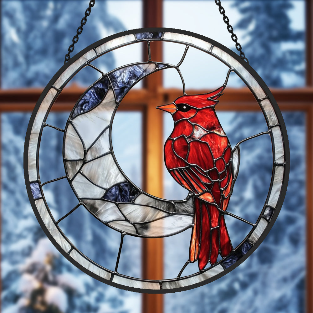 Cardinal on crescent moon stained glass suncatcher window hanging, suitable for home and garden decoration