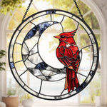 Cardinal on crescent moon stained glass suncatcher window hanging, suitable for home and garden decoration