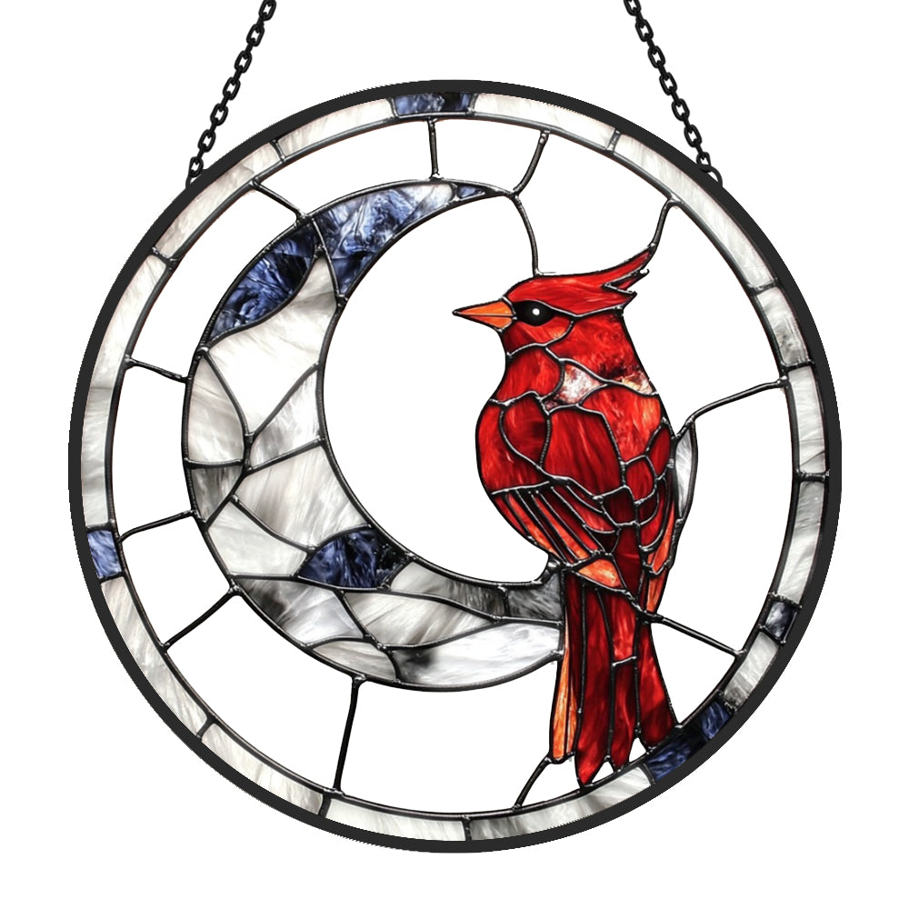 Cardinal on crescent moon stained glass suncatcher window hanging, suitable for home and garden decoration