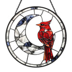 Cardinal on crescent moon stained glass suncatcher window hanging, suitable for home and garden decoration
