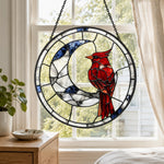 Cardinal on crescent moon stained glass suncatcher window hanging, suitable for home and garden decoration
