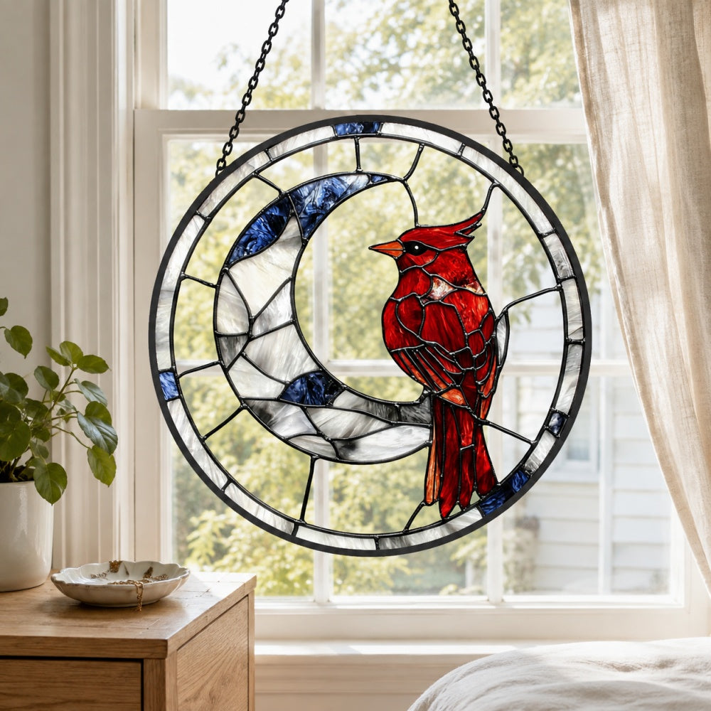 Cardinal on crescent moon stained glass suncatcher window hanging, suitable for home and garden decoration