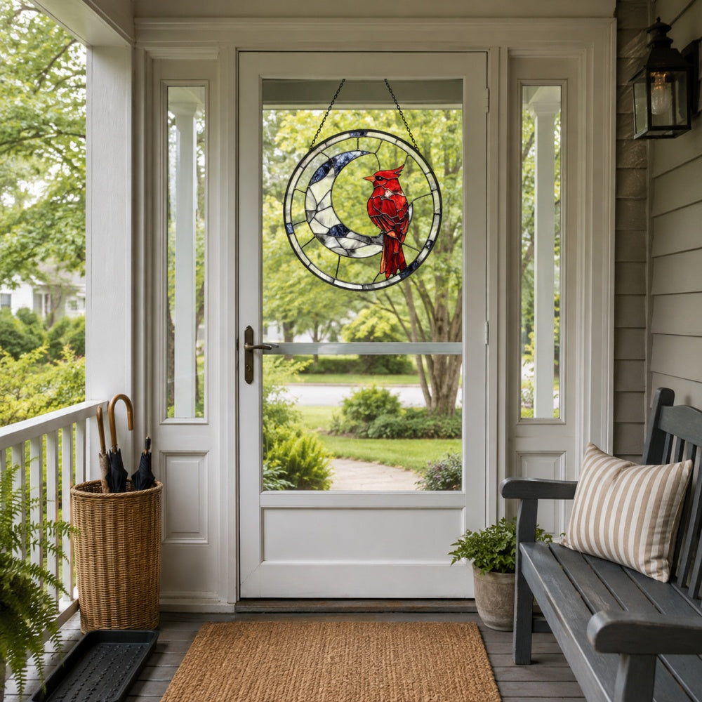 Cardinal on crescent moon stained glass suncatcher window hanging, suitable for home and garden decoration