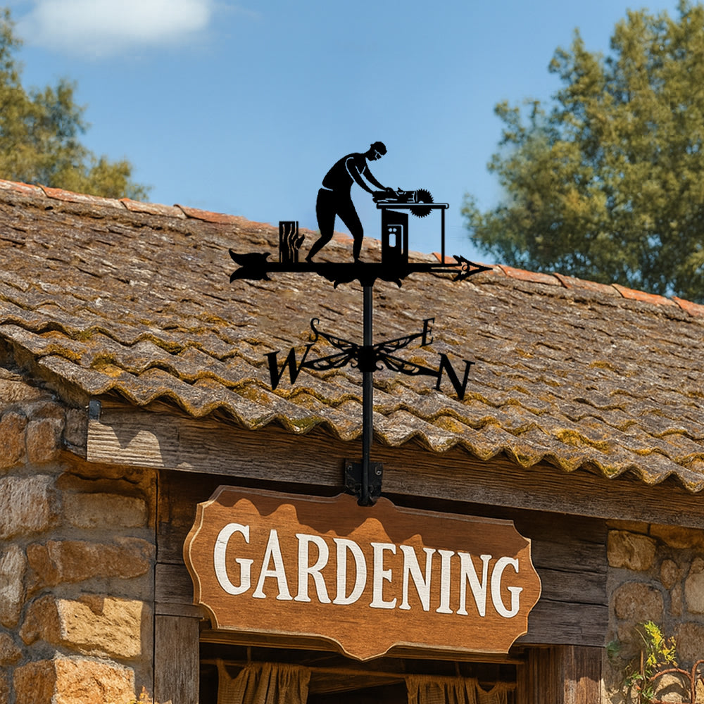 Carpenter metal weather vane with directional arrows and mounting rod, outdoor roof and garden decoration