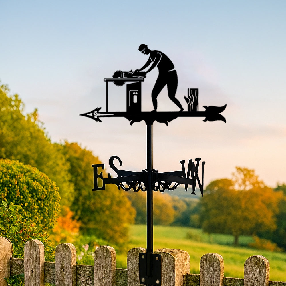 Carpenter metal weather vane with directional arrows and mounting rod, outdoor roof and garden decoration