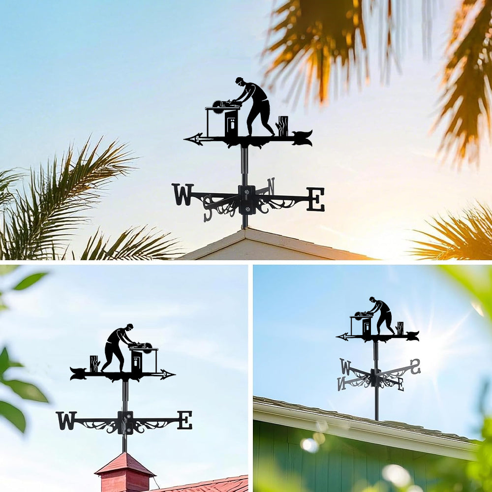 Carpenter metal weather vane with directional arrows and mounting rod, outdoor roof and garden decoration