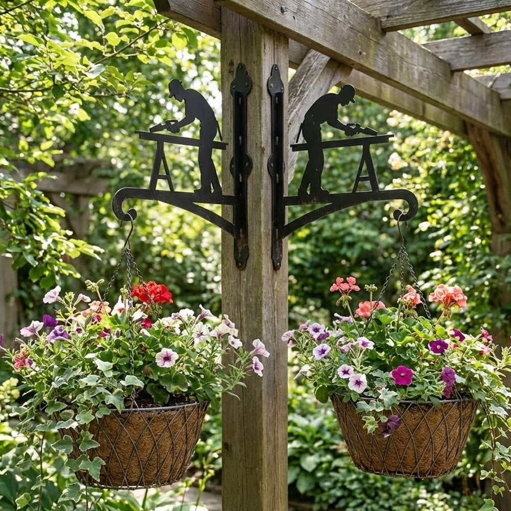 Carpenter woodworker metal hanging basket bracket mounted on outdoor wall for plant decoration