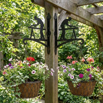 Carpenter woodworker metal hanging basket bracket mounted on outdoor wall for plant decoration