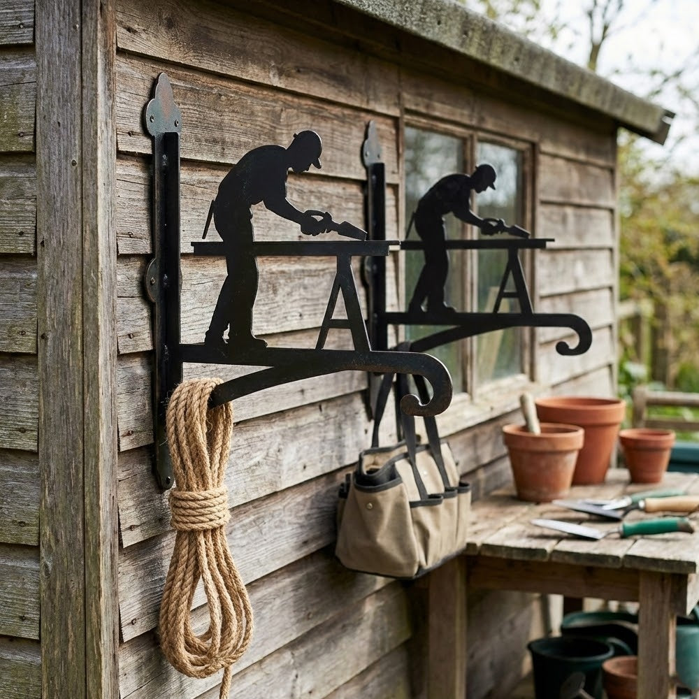 Carpenter woodworker metal hanging basket bracket mounted on outdoor wall for plant decoration