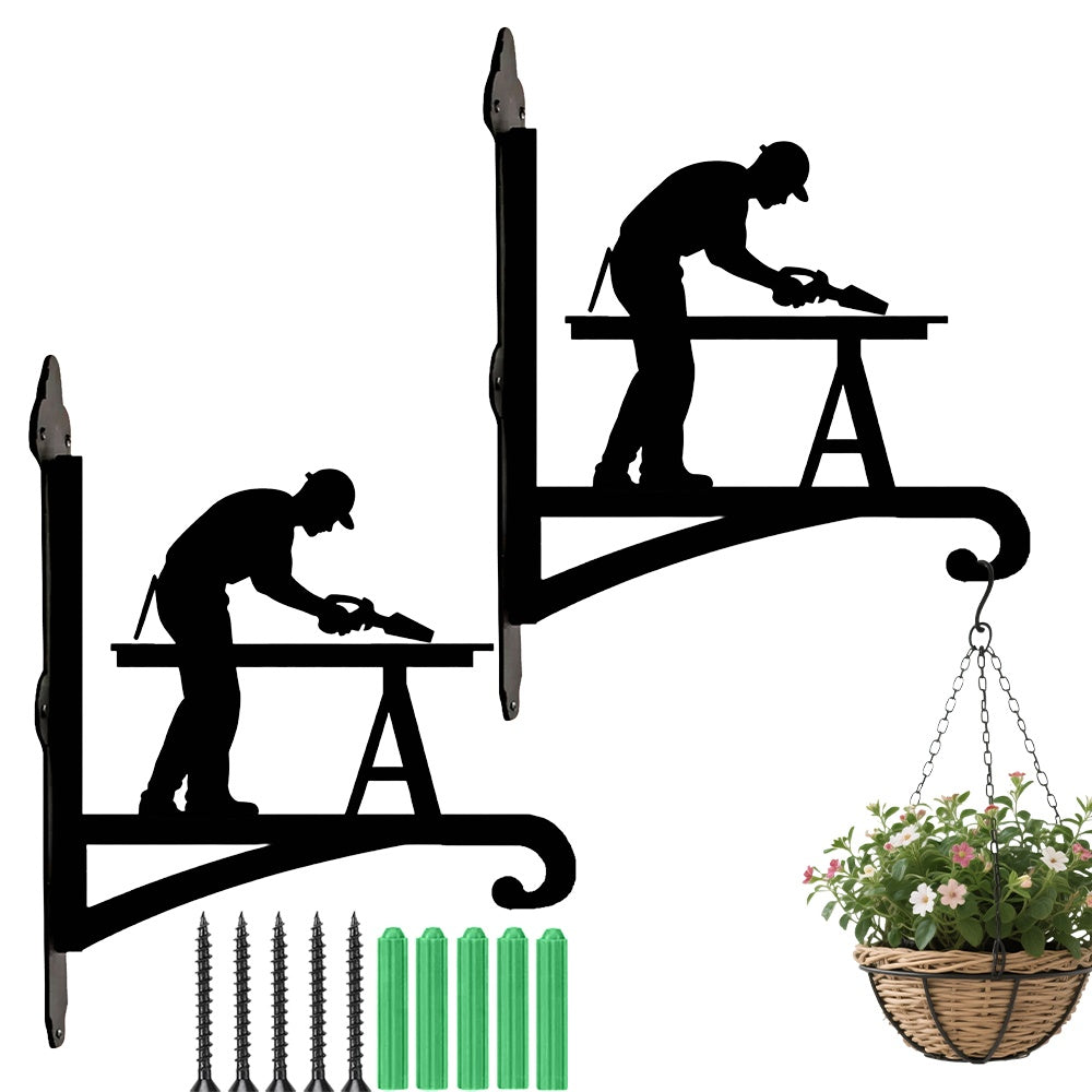 Carpenter woodworker metal hanging basket bracket mounted on outdoor wall for plant decoration