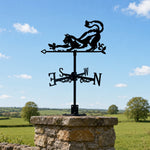 Cat and bird metal weather vane with directional arrows and mounting rod, outdoor roof and garden decoration