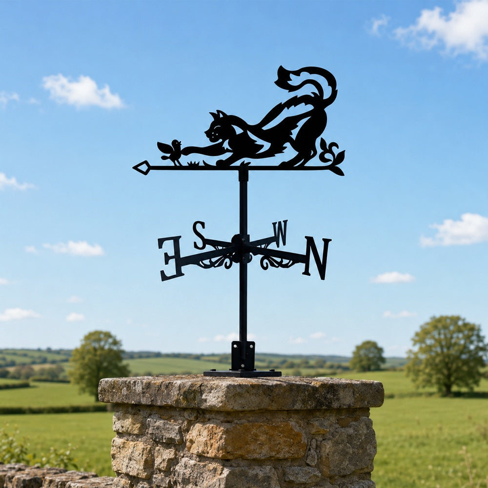 Cat and bird metal weather vane with directional arrows and mounting rod, outdoor roof and garden decoration