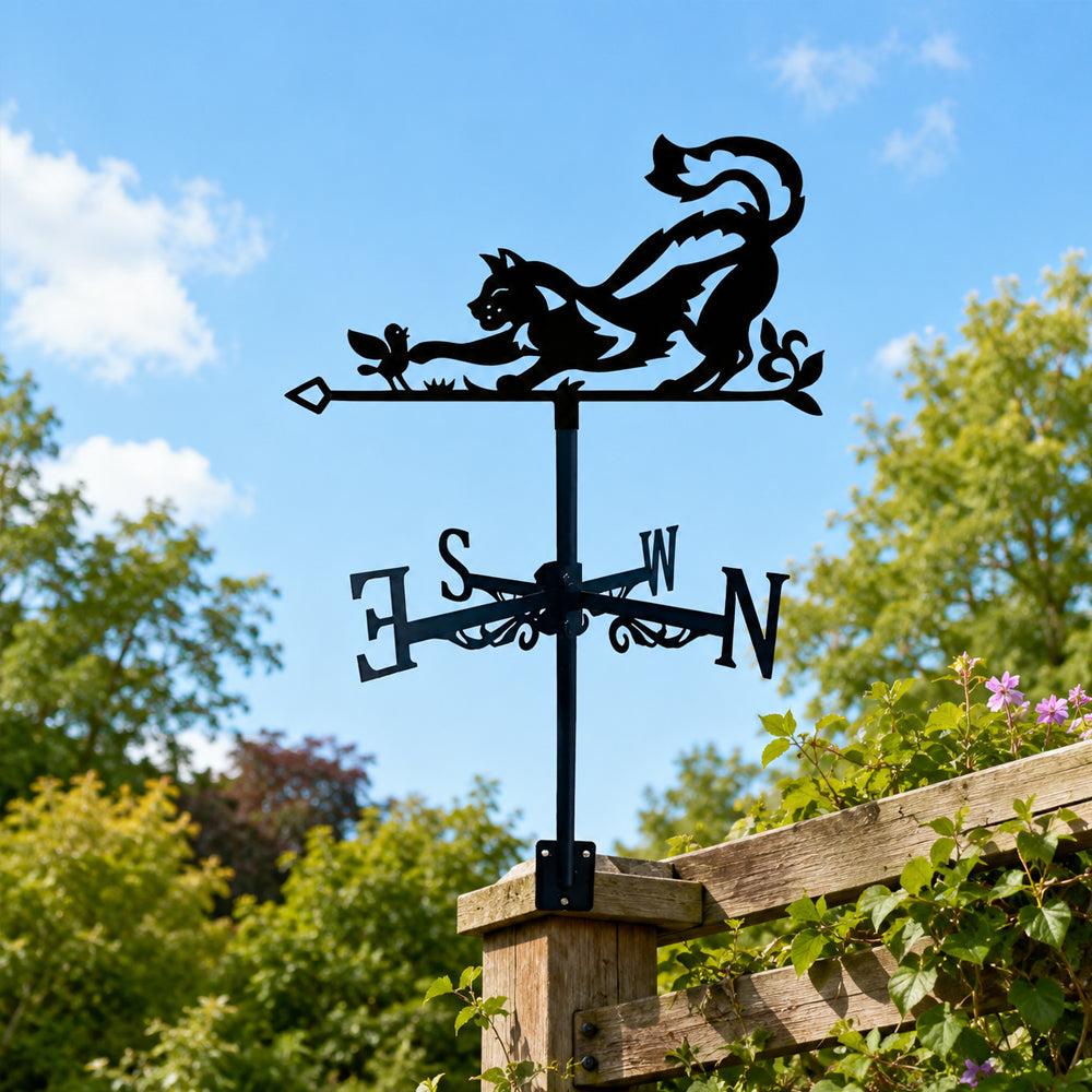 Cat and bird metal weather vane with directional arrows and mounting rod, outdoor roof and garden decoration