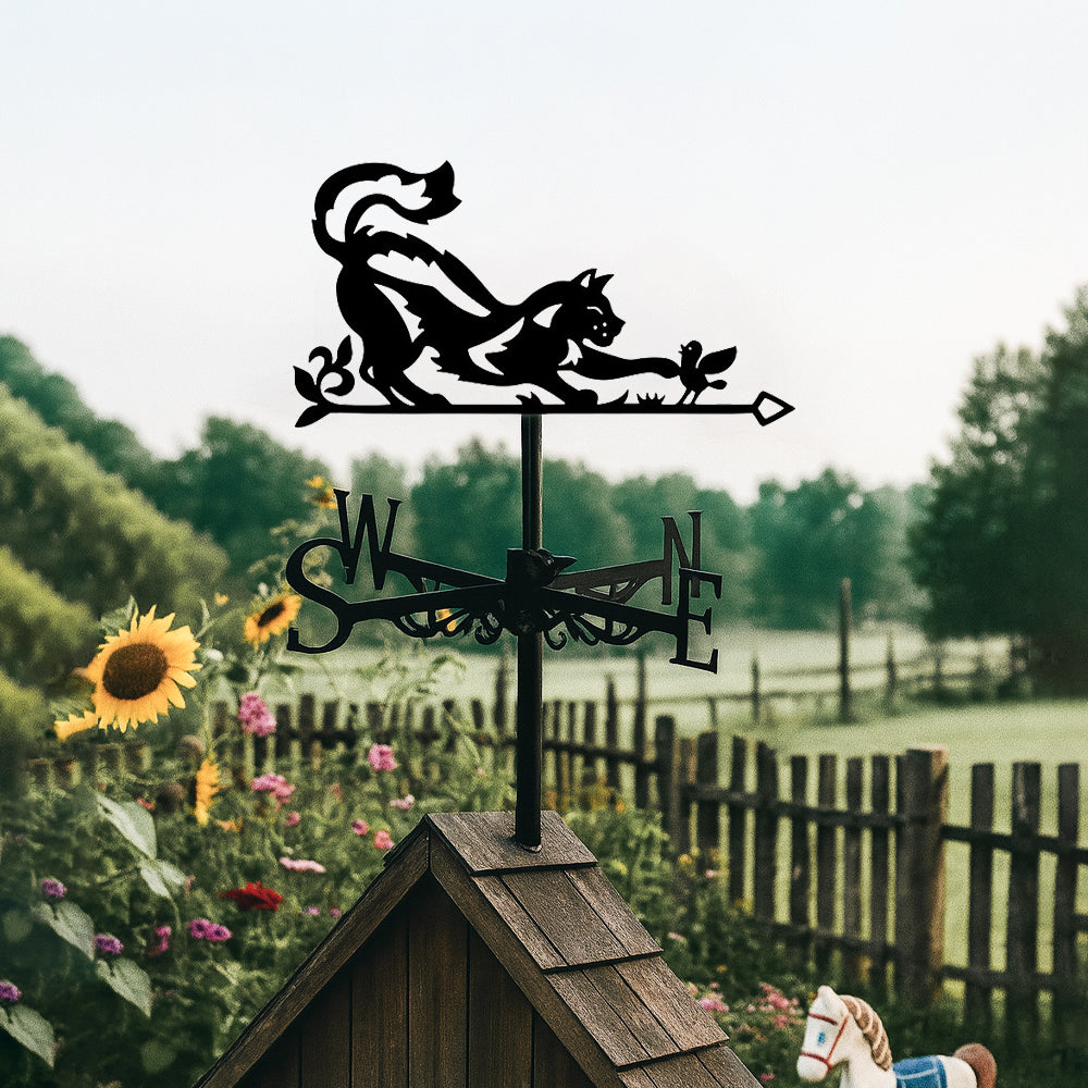 Cat and bird metal weather vane with directional arrows and mounting rod, outdoor roof and garden decoration